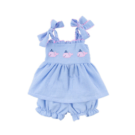 Ocean Whale Light Blue Gingham Aurora Bloomer Set