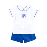White And Royal Blue Collared Short Set