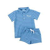 Blue And Navy Stripe Terry Polo Short Set