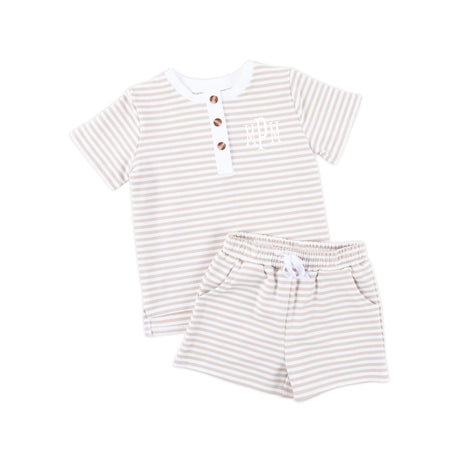 Tan Stripe Terry Henley Short Set