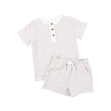 Tan Stripe Terry Henley Short Set