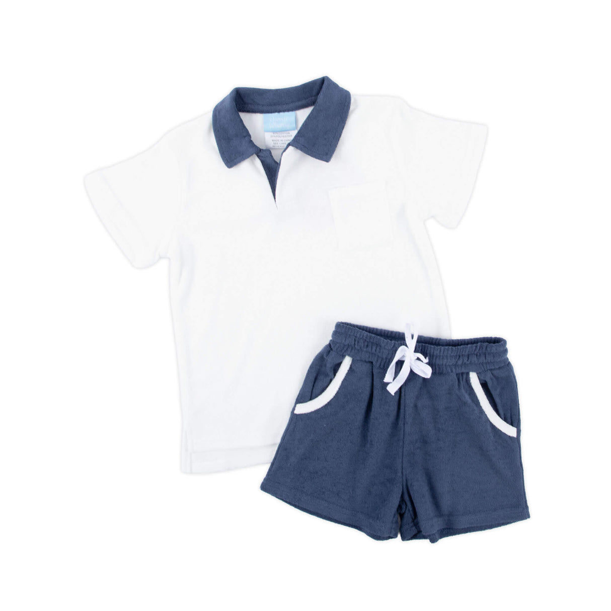 Navy And White Terry Polo Short Set