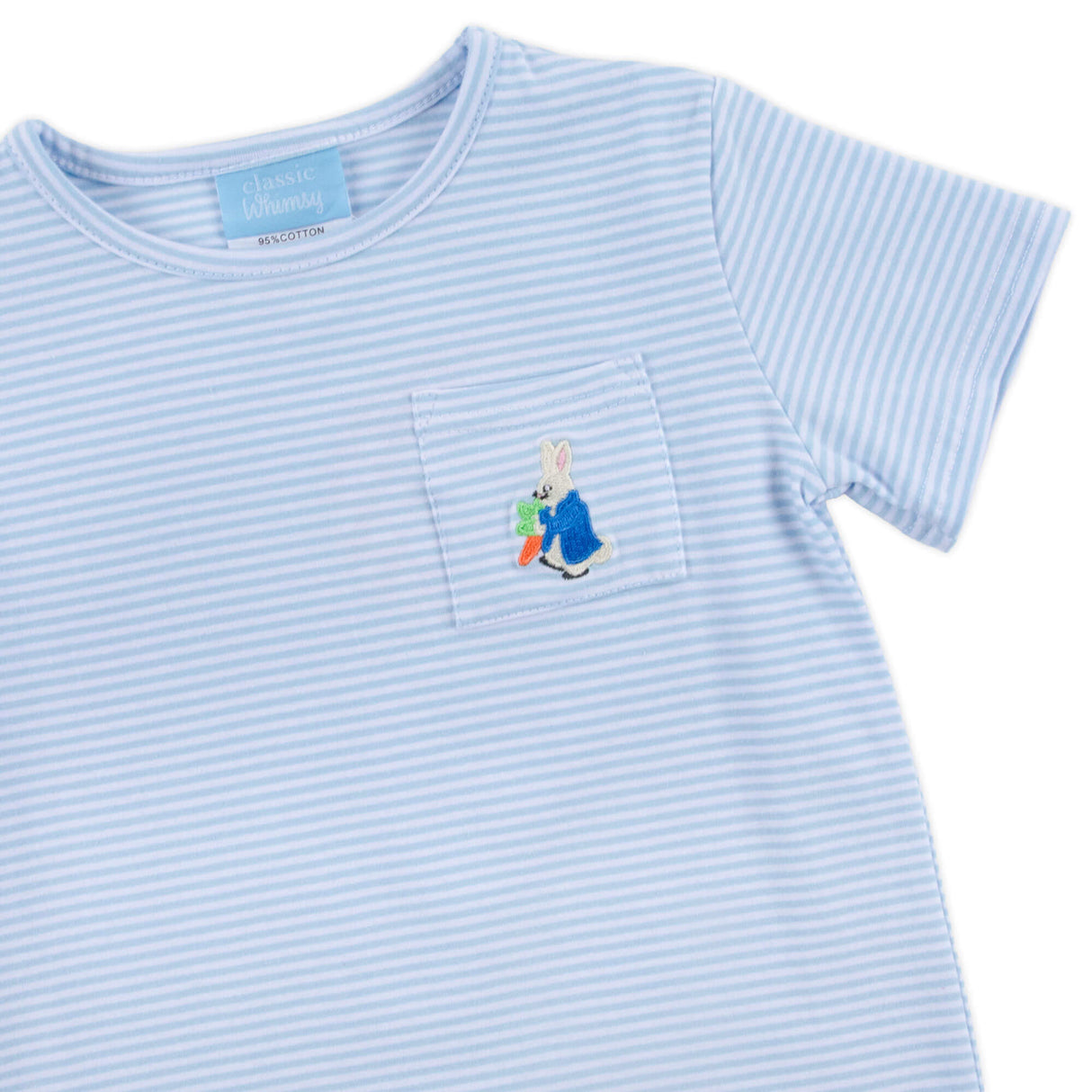 Storybook Rabbit Embroidered Light Blue Short Sleeve Pocket Shirt