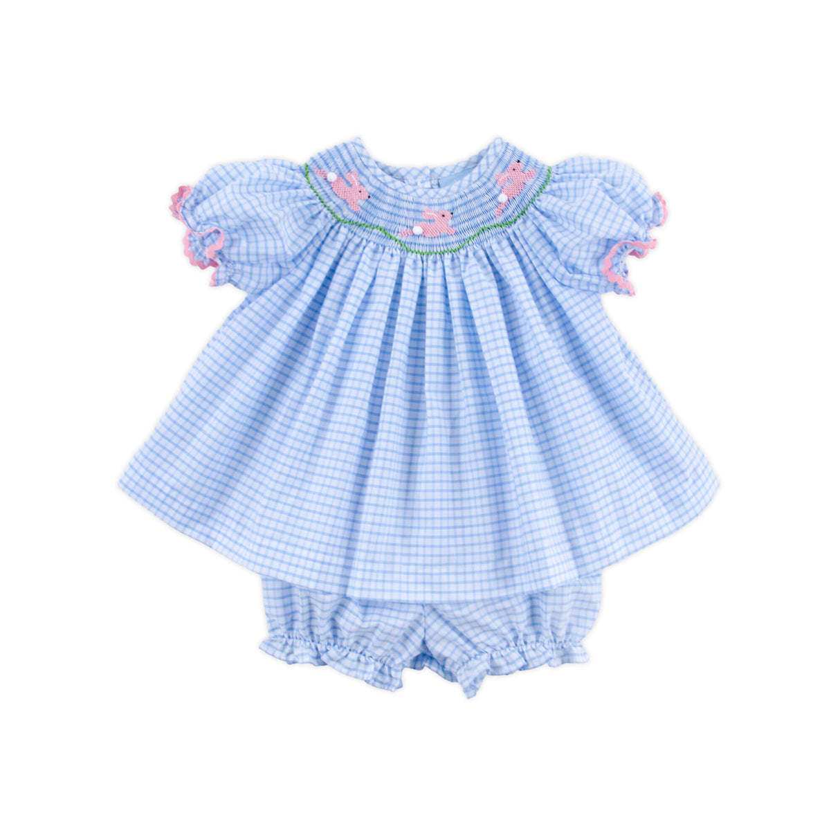Bunny Love Smocked Light Blue Windowpane Bloomer Set