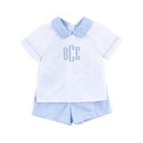 Light Blue Windowpane Collared Short Set