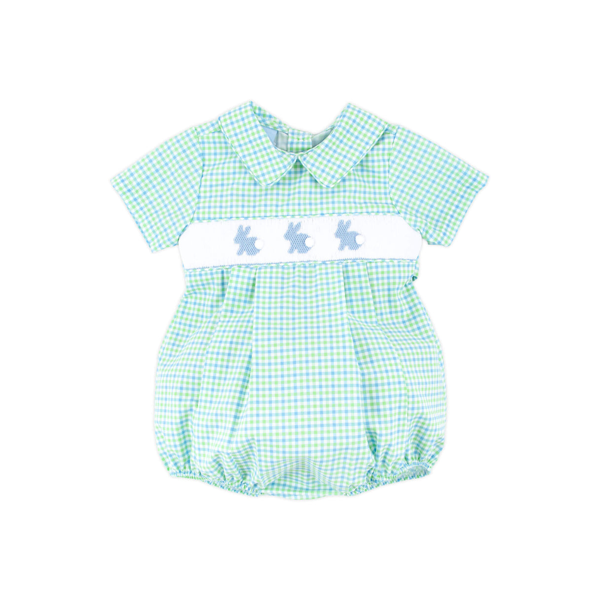 Easter Bunny Smocked Blue & Green Gingham Collared Bubble