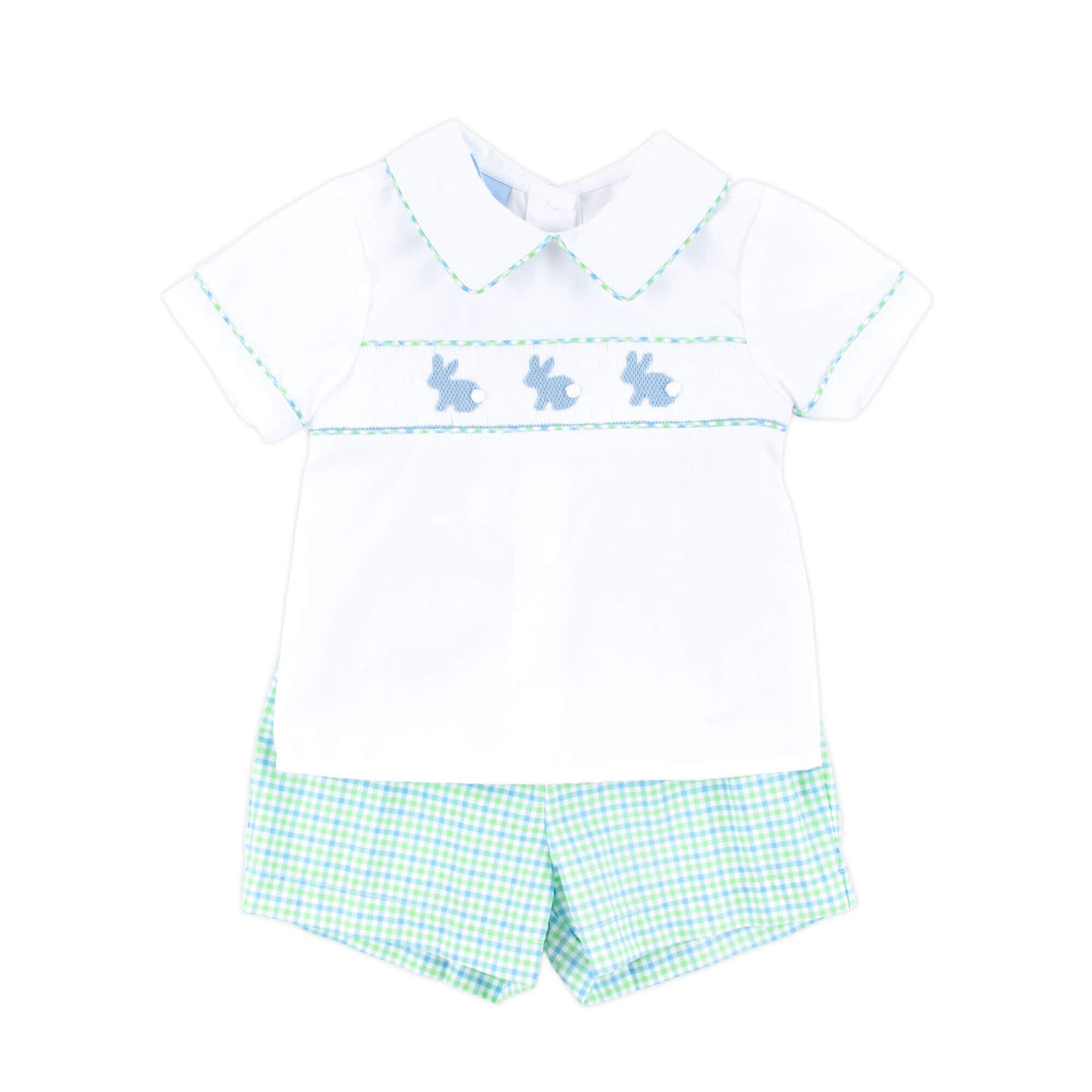 Easter Bunny Smocked Blue & Green Gingham Collared Short Set