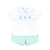 Easter Bunny Smocked Blue & Green Gingham Collared Short Set