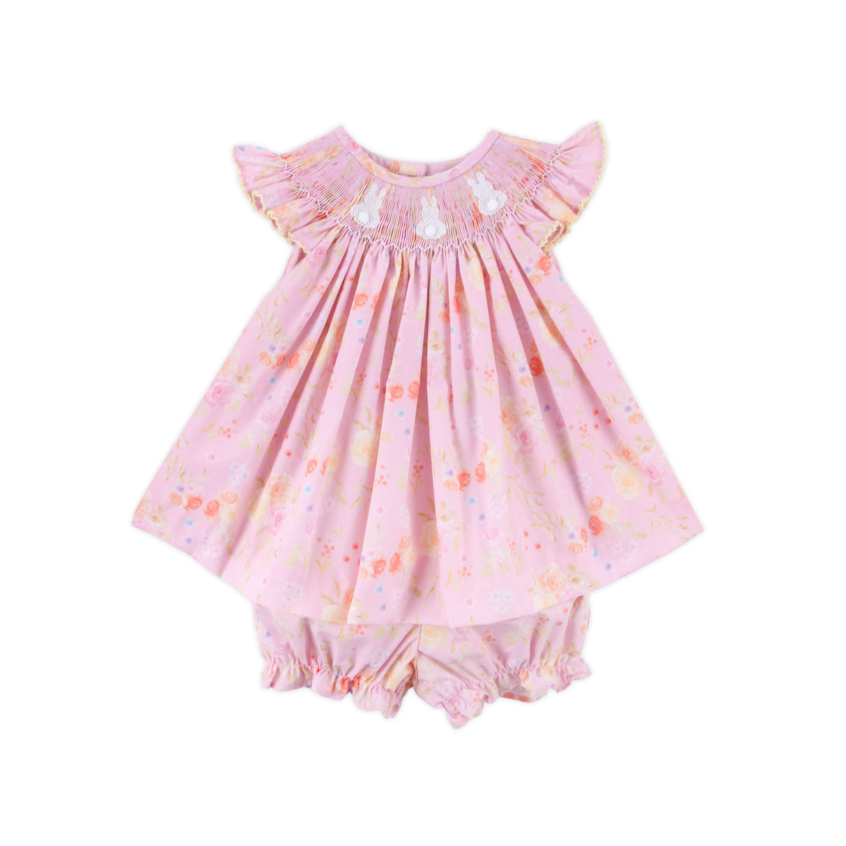 Whimsical Floral Smocked Pink Angel Sleeve Bloomer Set