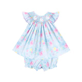 Bunny Smocked Turquoise Angel Sleeve Bloomer Set
