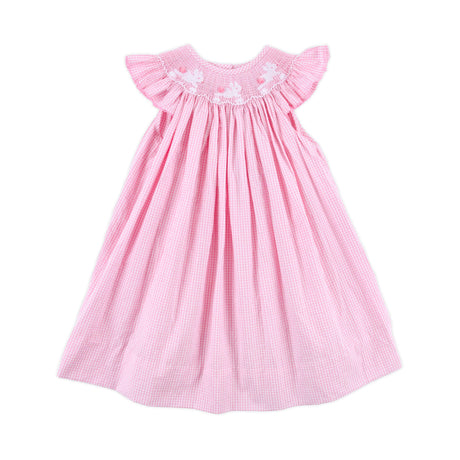 Hop Hop Bunnies Smocked Pink Gingham Angel Sleeve Dress
