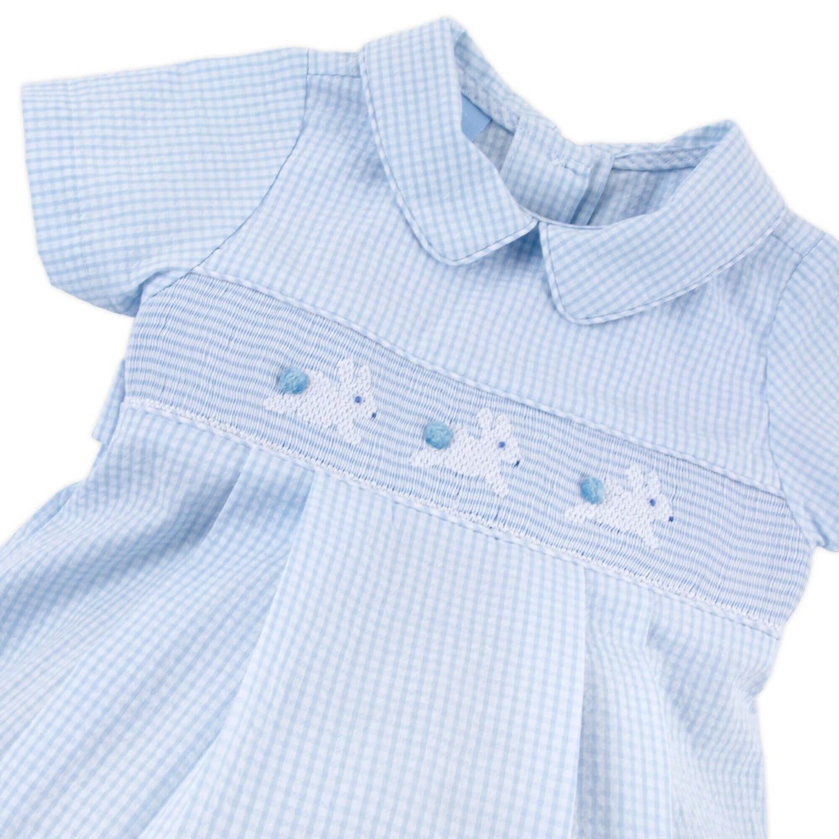 Hop Hop Bunnies Smocked Light Blue Gingham Collared Bubble