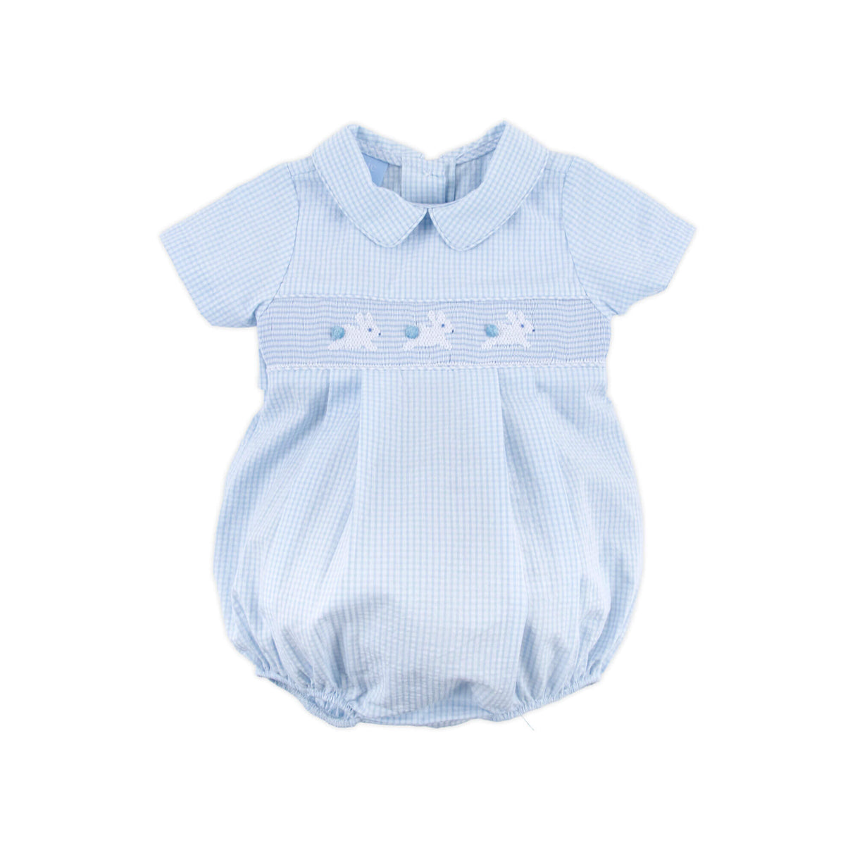 Hop Hop Bunnies Smocked Light Blue Gingham Collared Bubble