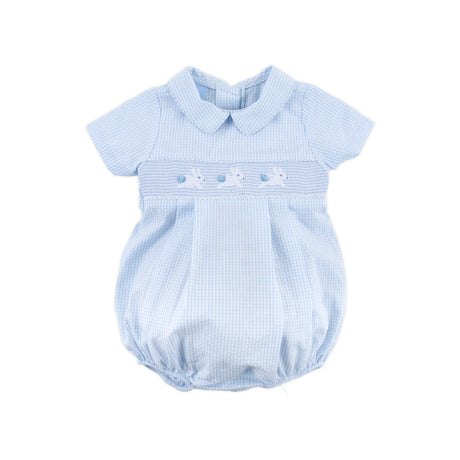 Hop Hop Bunnies Smocked Light Blue Gingham Collared Bubble