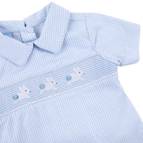 Hop Hop Bunnies Smocked Light Blue Gingham Collared Short Set