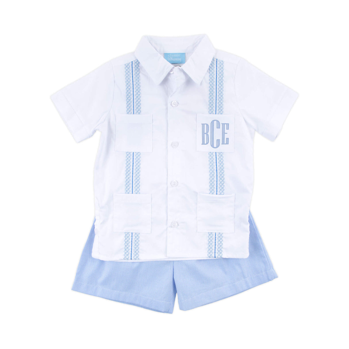 White With Blue Embroidered Guayabera Short Set