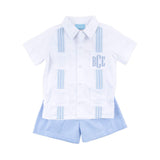 White With Blue Embroidered Guayabera Short Set