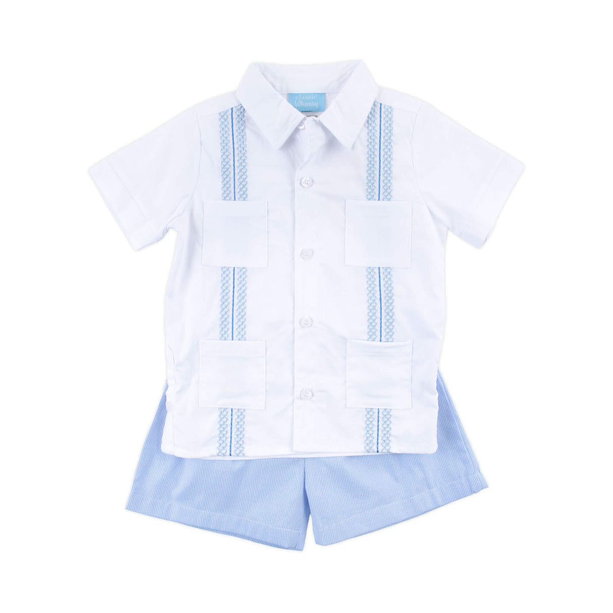 White With Blue Embroidered Guayabera Short Set