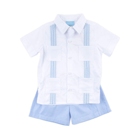 White With Blue Embroidered Guayabera Short Set