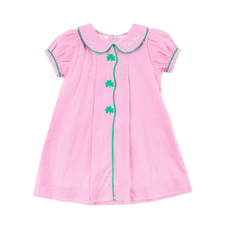 Shamrock Embroidered Pink Gingham Jane Dress