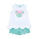Mouse Ears Floral Embroidered Turquoise Gingham Cleo Short Set