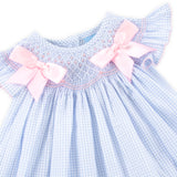 Geo Smocked Light Blue Seersucker Bow Bloomer Set