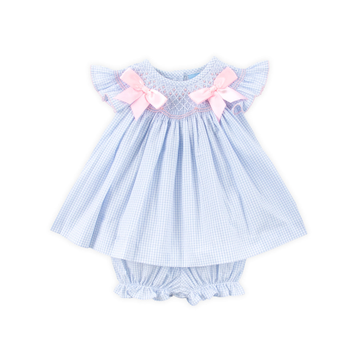 Geo Smocked Light Blue Seersucker Bow Bloomer Set