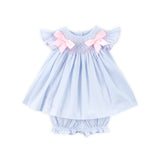 Geo Smocked Light Blue Seersucker Bow Bloomer Set