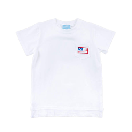 Flag Embroidered White Short Sleeve Pocket Shirt