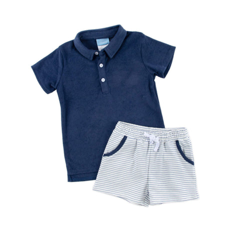 Navy Stripe Terry Polo Short Set