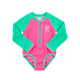 Aquamarine & Hot Pink Crinkle Rash Guard Swimsuit