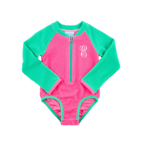Aquamarine & Hot Pink Crinkle Rash Guard Swimsuit