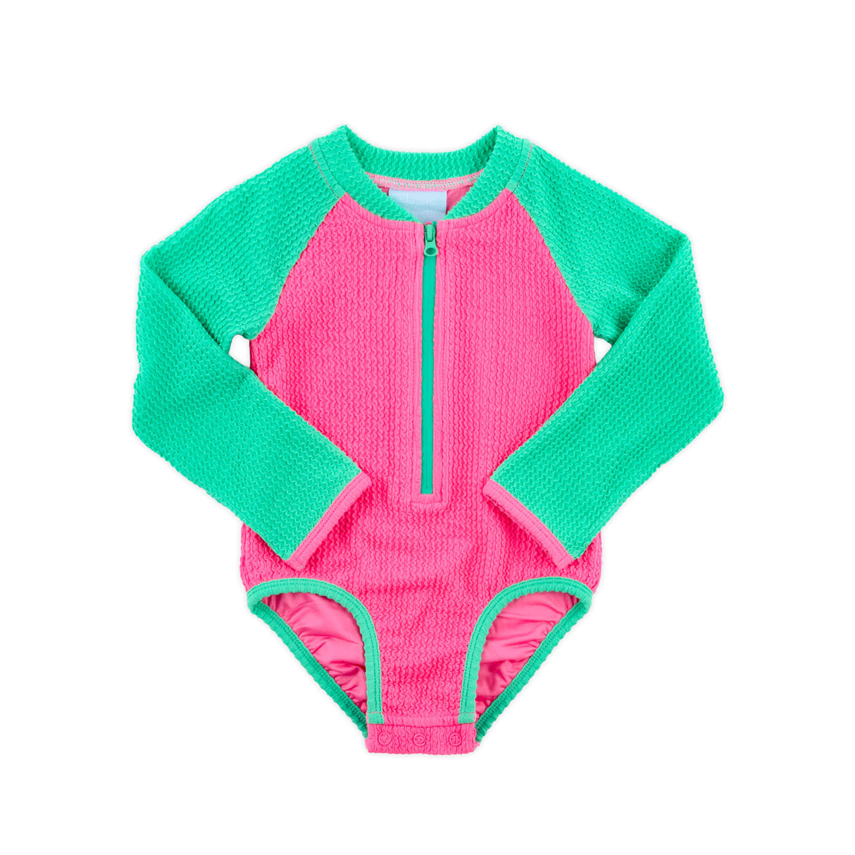 Aquamarine & Hot Pink Crinkle Rash Guard Swimsuit