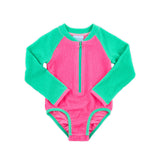 Aquamarine & Hot Pink Crinkle Rash Guard Swimsuit