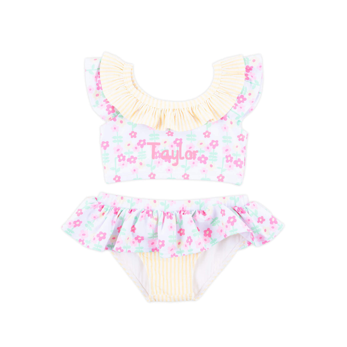 Ditsy Floral Yellow Stripe Two Piece Swimsuit