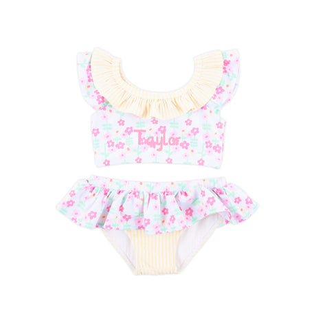 Ditsy Floral Yellow Stripe Two Piece Swimsuit