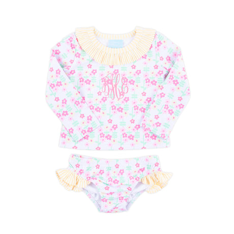 Ditsy Floral Yellow Stripe Rash Guard Set