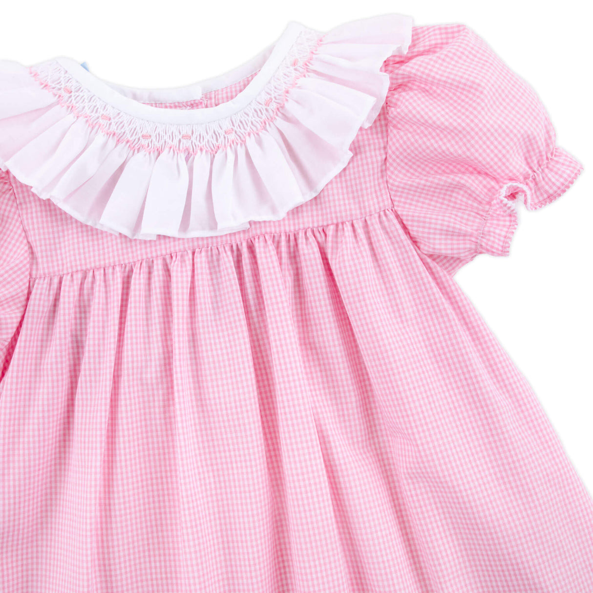 Pink Gingham Smocked Ruffle Collared Bubble
