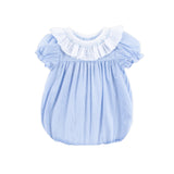 Blue Gingham Smocked Ruffle Collared Bubble