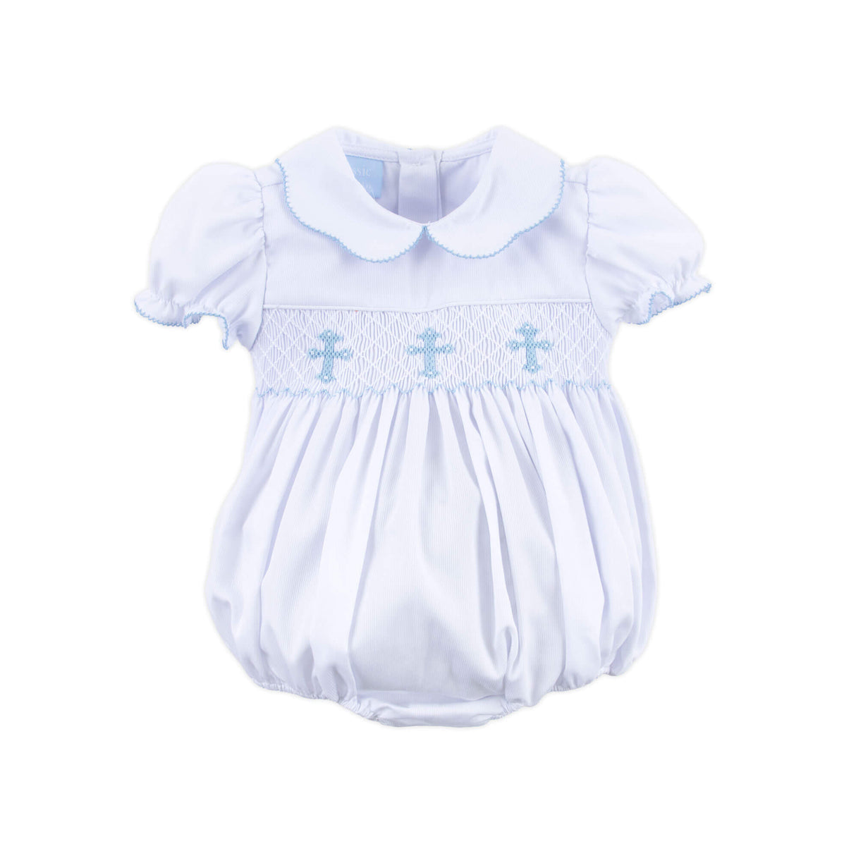 Cross Smocked White Pique Collared Bubble