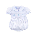 Cross Smocked White Pique Collared Bubble