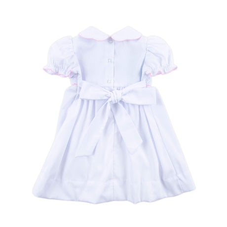 Pink Cross Smocked White Pique Collared Dress