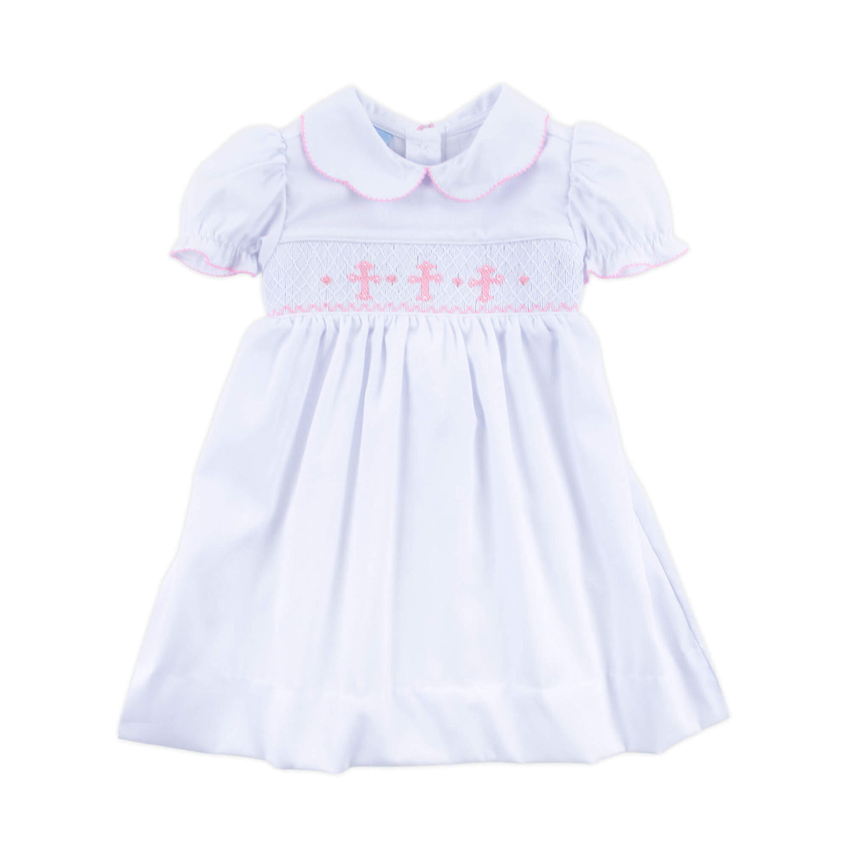Pink Cross Smocked White Pique Collared Dress