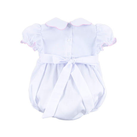 Pink Cross Smocked White Pique Collared Bubble