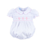 Pink Cross Smocked White Pique Collared Bubble