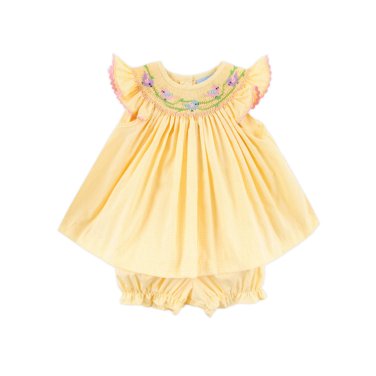 Yellow Check Bird Smocked Bloomer Set