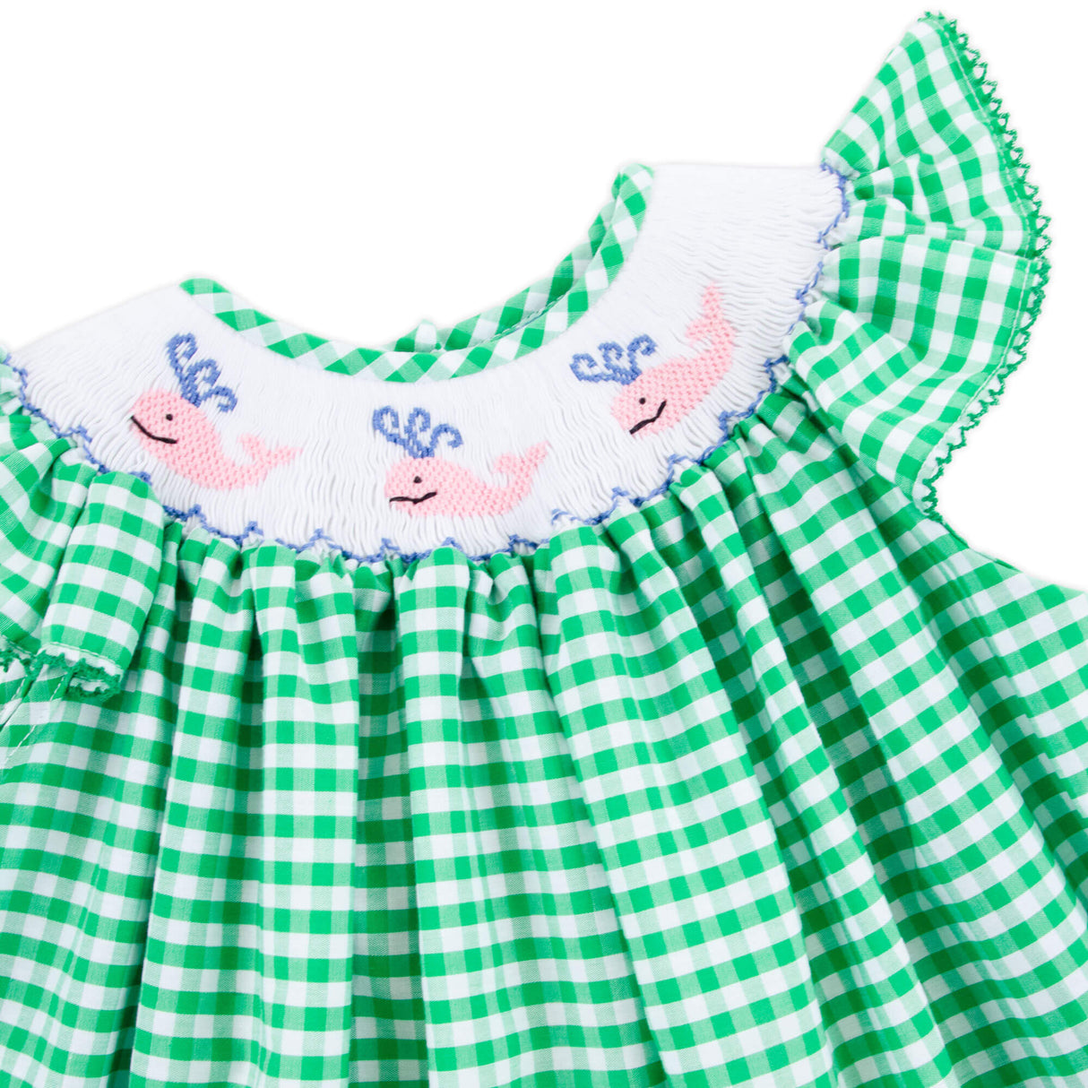 Whale Smocked Green Gingham Angel Sleeve Dress