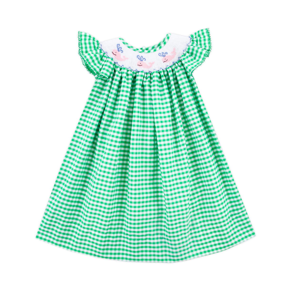 Whale Smocked Green Gingham Angel Sleeve Dress