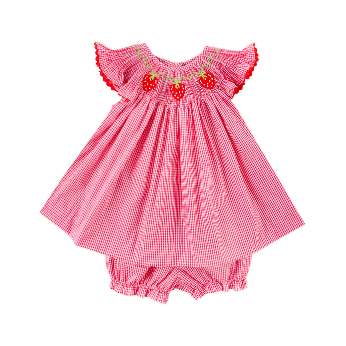 Strawberry Smocked Red Gingham Angel Sleeve Bloomer Set