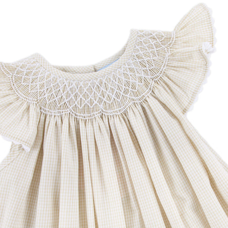 Geo Smocked Tan Gingham Angel Sleeve Bloomer Set